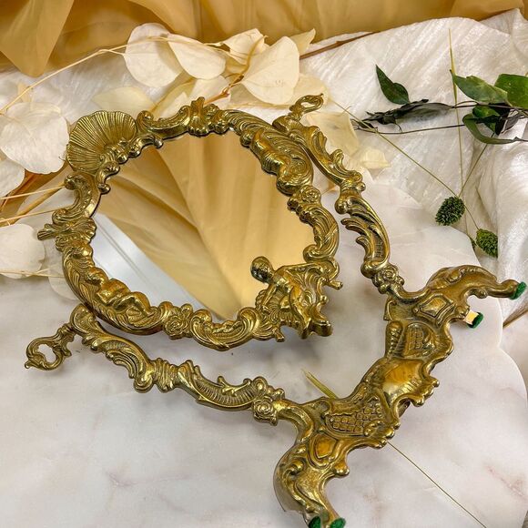 French Brass Standing Vanity Mirror - Picture 1 of 6